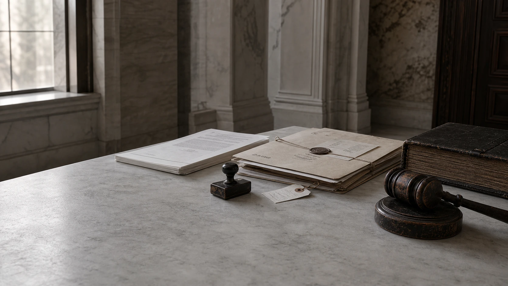 WML Legal evidence packet, gavel, stamp, and records on a formal legal table.